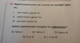 19. Haploit kromozomlu bir canlıda bir özelliğin kaliti-
mi;
I. tam baskın genler ile,
II. eksik baskın genler ile,
III. çok alelli genler ile
kalıtım şekillerinden hangileri ile sağlanamaz?
A) Yalnız! B) Yalnız 11 C) Yalnız II
D) II ve III
E) I, II ve III