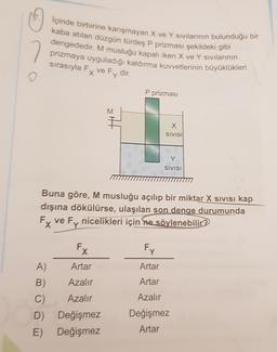 Içinde birbirine karışmayan X ve Y sivilarinin bulunduğu bir
kaba atılan düzgün türdeş P prizması şekildeki gibi
dengededir. M musluğu kapalı iken X ve Y Sivilarının
prizmaya uyguladığı kaldırma kuvvetlerinin büyüklükleri
7
sırasıyla Fx ve Fy dir.
o
P prizması
SHI
X
SIVISI
SIVISI
Buna göre, M musluğu açılıp bir miktar X sivisi kap
dışına dökülürse, ulaşılan son denge durumunda
Fx ve Fy nicelikleri için ne söylenebilir?
Fy
Artar
Artar
Fx
A) Artar
B) Azalır
C) Azalır
D) Değişmez
E) Değişmez
Azalır
Değişmez
Artar
