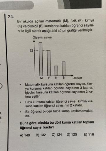 24.
Bir okulda açılan matematik (M), fizik (F), kimya
(K) ve biyoloji (B) kurslarına katılan öğrenci sayıla-
ni ile ilgili olarak aşağıdaki sütun grafiği verilmiştir.
Öğrenci sayısı
32
MFK
B
Dersler
.
Matematik kursuna katılan öğrenci sayısı, kim-
ya kursu