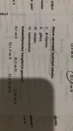 Novo
D) Il ve III
E) 1, Il ve III
HY
llavi
ığında;
4.
yoğun
Hücre zarındaki fosfolipit tabaka;
nadde-
1 B vitamini,
II. glikoz,
III. oksijen,
e şekil
IV. karbondioksit
eklenir?
moleküllerinden hangilerini geçirir?
I ve III
e II
A) I ve II
B) II ve III
D) I