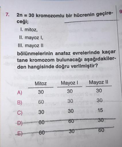 7.
2n = 30 kromozomlu bir hücrenin geçire-9
ceği;
I. mitoz,
II. mayoz I,
III. mayoz 11
bölünmelerinin anafaz evrelerinde kaçar
tane kromozom bulunacağı aşağıdakiler-
den hangisinde doğru verilmiştir?
Mitoz
Mayoz !
30
Mayoz II
30
A)
30
B)
60
30
30
C)
30
30