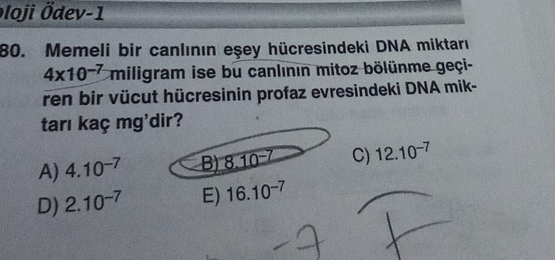 bloji ödev-1
80. Memeli bir canlının eşey hücresindeki DNA miktarı
4x10-7 miligram ise bu canlının mitoz bölünme geçi-
ren bir vücut hücresinin profaz evresindeki DNA mik-
tarı kaç mg'dir?
C) 12.10-7
A) 4.10-7
D) 2.10-7
B) 8.10-7
E) 16.10-7