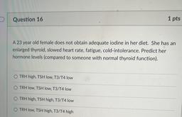 Question 16
1 pts
A 23 year old female does not obtain adequate iodine in her diet. She has an
enlarged thyroid, slowed heart rate, fatigue, cold-intolerance. Predict her
hormone levels (compared to someone with normal thyroid function).
O TRH high, TSH lo