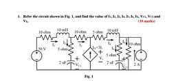 1. Refer the circuit shown in Fig. 1, and find the value of I1, I2, 13, 14, 15, 16, Ix, Vcı, Vc and
Vx.
(10 marks)
10 mH
10 mH
10 ohm
10 ohm
5 ohm
12
la
1
13
14
10 ohm
50 V
5 ohm
Is
+
WE
Ix=31
+
V
1
5 ohm
+
2 uF
2 uF
Tvo
2 A
Tvel
Fig. 1