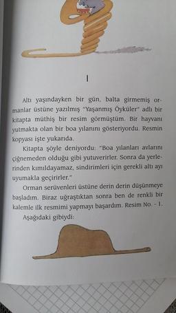 Altı yaşındayken bir gün, balta girmemiş or-
manlar üstüne yazılmış "Yaşanmış Öyküler" adlı bir
kitapta müthiş bir resim görmüştüm. Bir hayvanı
yutmakta olan bir boa yılanını gösteriyordu. Resmin
kopyası işte yukarıda.
Kitapta şöyle deniyordu: "Boa yılanları avlarını
çiğnemeden olduğu gibi yutuverirler. Sonra da yerle-
rinden kımıldayamaz, sindirimleri için gerekli altı ayı
uyumakla geçirirler."
Orman serüvenleri üstüne derin derin düşünmeye
başladım. Biraz uğraştıktan sonra ben de renkli bir
kalemle ilk resmimi yapmayı başardım. Resim No.- 1.
Aşağıdaki gibiydi:
SA