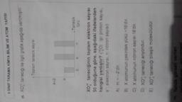 9 SINIF TARAMA KİMYA BİLİMİ VE ATOM YAPISI
xoz taneciği ile ilgili grafik aşağıda verilmiştir.
15.
Toplam tanecik sayısı
a-2
a
Tanecik
D
e
XO taneciğinin toplam elektron sayısı
50 olduğuna göre, aşağıdaki ifadelerden
hangisi yanlıştır? (o) (p: proton sayısı,
e: elektron sayısı, n: nötron sayısı)
A) m = -2'dir.
B) X atomunun çekirdek yükü +16'dır.
C) X atomunun nötron sayısı 18'dir.
D) XO taneciği anyondur.
E) XO taneciği bileşik molekülüdür.
Yanda görsel verilen
