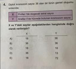 4. Diploit kromozom sayısı 36 olan bir türün gamet oluşumu
sırasında;
x
Profaz l'de oluşacak tetrat sayısı
Anafaz Il'de hücrede bulunan kromozom sayısı
Y
X ve Y'deki sayılar aşağıdakilerden hangisinde doğru
olarak verilmiştir?
X
Y
A)
18
36
B)
36
36
C)
18
18
36
13
D)
E)
18
72