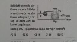 Şekildeki sistemde sür-
tünme sadece kuileler
2kg
arasında vardır ve sür-
lp
F=3&N
tünme katsayısı 0,5 dir.
Yatay
4kg lik cisim 38N luk
4kg
kuvvet uygulanıyor.
Buna göre, Tip gerilmesi kaç N dur? (g = 10 m/s2)
A) 16 B) 32 C)48 D) 56 E) 80
3.10=BON