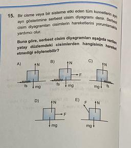 15. Bir cisme veya bir sisteme etki eden tüm kuvvetlerin ayrı
ayrı gösterimine serbest cisim diyagramı denir. Serbest
cisim diyagramları cisimlerin hareketlerini yorumlamakta
yardımcı olur.
Buna göre, serbest cisim diyagramları aşağıda verilen
yatay düzlemdeki cisimlerden hangisinin hareket
etmediği söylenebilir?
B)
C)
A)
AN
AN
AN
→F
AM
fs
A
fs
AAAAA
mg
mg
mg
fs
D)
E)
AN
F
AN
VO
F
mg
mg