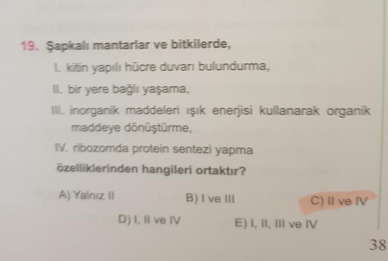 19. Şapkalı mantarlar ve bitkilerde,
L kitin yapılı hücre duvan bulundurma,
Il bir yere bağlı yaşama,
III. inorganik maddeleri işik enerjisi kullanarak organik
maddeye dönüştürme,
IV. ribozomda protein sentezi yapma
özelliklerinden hangileri ortaktır?
A) Y