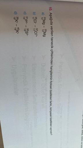 Miyul. Duld gole, izotop, izoton ve izob-
Periyodik Sistem
10. Aşağıda verilen tanecik çiftlerinden hangilerinin fiziksel özellikleri farklı, kimyasal özellikleri aynıdır?
a) 3Mg - Mg
25
12
12
b) 35C1- 37C1+
17
c) P3--3252
15
16
Clementlerin Siniflandinima