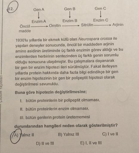 2.
Gen A
Gen B
Gen C
1
Enzim A
Öncül
madde
Enzim B
Enzim c
→ Sitrulin
Ornitin
Arjinin
1930'lu yıllarda bir ekmek küfü olan Neurospara crossa ile
yapılan deneyler sonucunda, öncül bir maddeden arjinin
amino asidinin üretiminde üç farklı enzimin görev aldığı