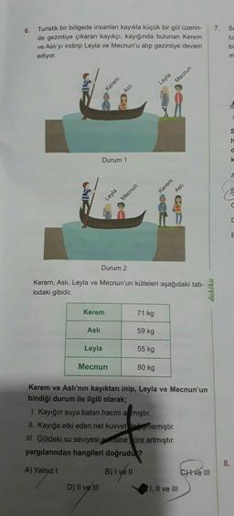 6.
7.
So
lu
Turistik bir bölgede insanları kayıkla küçük bir göl üzerin-
de gezintiye çıkaran kayıkçı, kayığında bulunan Kerem
ve Aslı'yı indirip Leyla ve Mecnun'u alıp gezintiye devam
ediyor.
bi
m
Asli
Leyla
Mecnun
Kerem
S
h
d
Durum 1
k
A
Leyla
Kerem
Asli
Mecnun
C
Durum 2
Kerem, Aslı, Leyla ve Mecnun'un kütleleri aşağıdaki tab-
lodaki gibidir.
dakika
Kerem
71 kg
Asli
59 kg
Leyla
55 kg
Mecnun
80 kg
Kerem ve Aslı'nın kayıktan inip, Leyla ve Mecnun'un
bindiği durum ile ilgili olarak;
I. Kayığın suya batan hacmi a mıştır.
II. Kayığa etki eden net kuvvet to memiştir.
III. Göldeki su seviyesi enisine öre artmıştır.
yargılarından hangileri doğrudu ?
8.
A) Yalnız 1
B) I ve II
C) I ve III
D) II ve III
I, II ve III