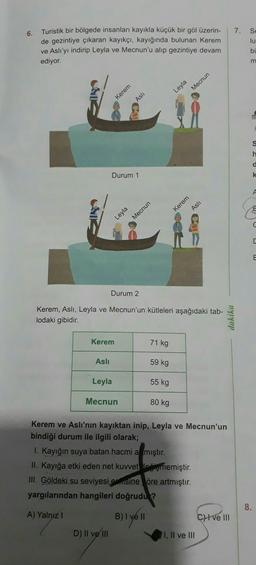 6.
7.
So
lu
Turistik bir bölgede insanları kayıkla küçük bir göl üzerin-
de gezintiye çıkaran kayıkçı, kayığında bulunan Kerem
ve Aslı'yı indirip Leyla ve Mecnun'u alıp gezintiye devam
ediyor.
bi
m
Asli
Leyla
Mecnun
Kerem
S
h
d
Durum 1
k
A
Leyla
Kerem
Asli
Mecnun
C
Durum 2
Kerem, Aslı, Leyla ve Mecnun'un kütleleri aşağıdaki tab-
lodaki gibidir.
dakika
Kerem
71 kg
Asli
59 kg
Leyla
55 kg
Mecnun
80 kg
Kerem ve Aslı'nın kayıktan inip, Leyla ve Mecnun'un
bindiği durum ile ilgili olarak;
I. Kayığın suya batan hacmi a mıştır.
II. Kayığa etki eden net kuvvet to memiştir.
III. Göldeki su seviyesi enisine öre artmıştır.
yargılarından hangileri doğrudu ?
8.
A) Yalnız 1
B) I ve II
C) I ve III
D) II ve III
I, II ve III
