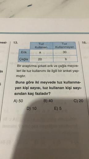 1
nesi-
13.
16.
Tuz
Kullanan
Tuz
Kullanmayan
Erik
a
30
Çağla
20
b
in
55
Bir araştırma şirketi erik ve çağla meyve-
leri ile tuz kullanımı ile ilgili bir anket yap-
mıştır.
Buna göre iki meyvede tuz kullanma-
yan kişi sayısı, tuz kullanan kişi sayı-
sından