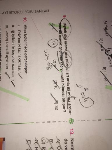 )
A) Yalnız 1 B) Yalnız II
D) I ve II E) I, I ve III
2
AO
C)
D/ 16
A
i
L
G
1
B
9. Diploit dişi üreme ana hücresi art arda iki mitoz ardın- 3 13. Norm
S
da ve
dart bir mayoz geçirirse kaç yumurta hücresi oluşur?
A
A4
B) 8
E) 32
R
M
B) K
A
ic
L
D) H
10. Mito