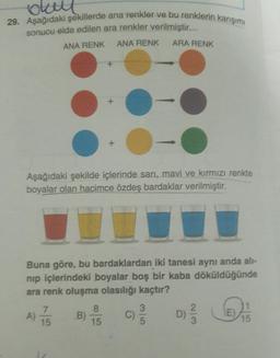 oly
29. Aşağıdaki şekillerde ana renkler ve bu renklerin kargimi
sonucu elde edilen ara renkler verilmiştir.
ANA RENK ANA RENK
ARA RENK
-
-
Aşağıdaki şekilde içlerinde sarı, mavi ve kırmızı renkte
boyalar olan hacimce özdeş bardaklar verilmiştir.
Buna göre, bu bardaklardan iki tanesi aynı anda alt-
nip içlerindeki boyalar boş bir kaba döküldüğünde
ara renk oluşma olasılığı kaçtır?
A)
)
7
15
B)
8
15
3
C)
5
D)
D)
WIN
E)
15
