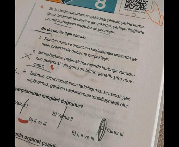 8
5.
LP14BYOSB21-019
Bir kurbağa yumurtasının çekirdeği çıkarılıp yerine kurba-
ğanın bağırsak hücresine ait çekirdek yerleştirildiğinde
normal kurbağanın oluştuğu gözlenmiştir.
Bu durum ile ilgili olarak;
1. Zigottan doku ve organların farklılaşması sıras