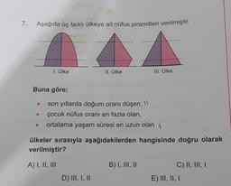 7.
Aşağıda üç farklı ülkeye ait nüfus piramitleri verilmiştir.
1. Ülke
II. Ülke
II. Ülke
Buna göre;
son yıllarda doğum oranı düşen,
çocuk nüfus oranı en fazla olan,
ortalama yaşam süresi en uzun olan 1
ülkeler sırasıyla aşağıdakilerden hangisinde doğru ola