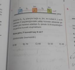 ay
3m
4m
m
S
S2
8.
L
ma
K
N
F
yatay
he
Birbirine S1, S2 ipleriyle bağlı m, 3m, 4m kütleli K, L ve N
cisimleri F büyüklüğündeki yatay kuvvetin etkisinde şe-
kildeki gibi hareket ederken Stipinde 10 N büyüklüğün
Es
2m
de gerilme kuvveti oluşmaktadır.
tay
Buna göre, F kuvveti kaç N dir?
K
no
(Sürtünmeler önemsizdir.)
g
B) 70
C) 60
D) 50
A) 80
E) 40
mo
f
a