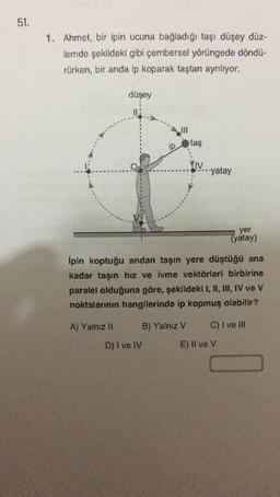 51.
1. Ahmet, bir ipin ucuna bağladığı taşı düşey düz-
lemde şekildeki gibi çembersel yörüngede döndü-
rürken, bir anda ip koparak taştan ayrılıyor.
düşey
ip
taş
YIV
V-yatay
yer
(yatay)
Ipin koptuğu andan taşın yere düştüğü ana
kadar taşın hız ve ivme vektörleri birbirine
paralel olduğuna göre, şekildeki I, II, III, IV ve V
noktalarının hangilerinde ip kopmuş olabilir?
A) Yalnız 11
B) Yalniz V
C) I ve III
D) I ve IV
E) Il ve V