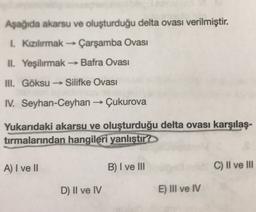 Aşağıda akarsu ve oluşturduğu delta ovası verilmiştir.
1. Kızılırmak Çarşamba Ovası
-
II. Yeşilırmak - Bafra Ovası
III. Göksu - Silifke Ovası
→
IV. Seyhan-Ceyhan - Çukurova
->
Yukarıdaki akarsu ve oluşturduğu delta ovası karşılaş-
tırmalarından hangileri
yanlıştır?
A) I ve II
B) I ve III
C) II ve III
D) II ve IV
E) III ve IV
