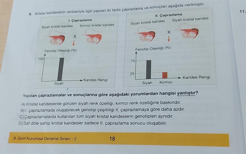 11.
9. Kristal karideslerin renkleriyle ilgili yapılan iki farklı çaprazlama ve sonuçları aşağıda verilmiştir.
1. Çaprazlama
Siyah kristal karides Kırmızı kristal karides
II. Çaprazlama
Siyah kristal karides Siyah kristal karides
x
Fenotip Olasılığı (%)
Fe