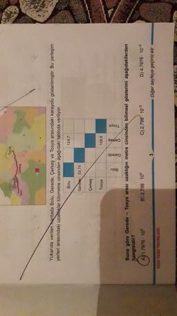 Tosya
Gerade
Bolu
Corkes
Yukarıda verilen haritada Bolu, Gerede, Çerkeş ve Tosya arasındaki karayolu gösterilmiştir. Bu yerleşim
yerleri arasındaki uzakyklar kilometre cinsinden aşağıdaki tabloda veriliyor.
Bolu
124,7
Gerede 53.74
Çerkeş
Tosya
108,8
Bolu
hangisidir?
Buna göre Gerede - Tosya arası uzaklığın metre cinsinden bilimsel gösterimi aşağıdakilerden
A) 1.7976. 105
B) 2,798 10%
C) 2,798 10-5
D) 4.7976. 10-5
Diger sayfaya geçiniz.es
YENI TARZ YAYINLARI
