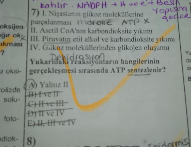 katilir
kahlır. NADPH → H ve e' + Besch
7) 1. Nişastani glikoz moleküllerine yapising
parçalanması hidrola ATP X
gedor
oksijen
II. Asetil COA'nın karbondioksite yıkımı
ağır ok II. Piruvatin etil alkol ve karbondioksite yıkımı
cikması
IV. Glikoz molekülleri