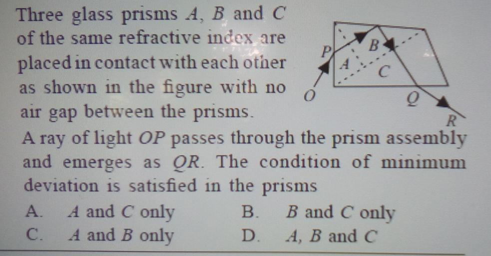 C 0 Three glass prisms A, B and C of the same refrac... Physics