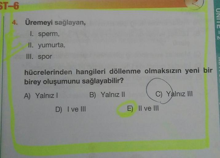 ST-6
4. Üremeyi sağlayan,
I. sperm,
II. yumurta,
UNITEZ
III. spor
hücrelerinden hangileri döllenme olmaksızın yeni bir
birey oluşumunu sağlayabilir?
A) Yalnız!
B) Yalnız II
C) Yalnız III
D) I ve III
E) II ve III
