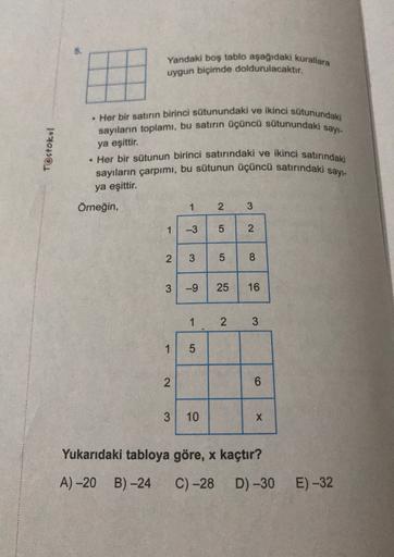 Yandaki boş tablo aşağıdaki kurallara
uygun biçimde doldurulacaktır.
. Her bir satirin birinci sütunundaki ve ikinci sütunundaki
sayıların toplamı, bu satırın üçüncü sütunundaki sayı-
ya eşittir.
Tostoku
• Her bir sütunun birinci satırındaki ve ikinci sati