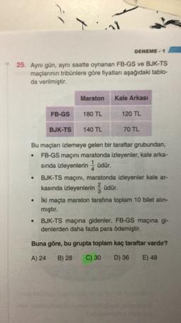 1.
f
*74
DENEME-1
25. Aynı gün, aynı saatte oynanan FB-GS ve BJK-TS
maçlarının tribünlere göre fiyatları aşağıdaki tablo
da verilmiştir.
Maraton
Kale Arkası
FB-GS
180 TL
120 TL
BJK-TS
140 TL
70 TL
.
Bu maçları izlemeye gelen bir taraftar grubundan,
FB-GS maçını maratonda izleyenler, kale arka-
1
sında izleyenlerin üdür.
BJK-TS maçını, maratonda izleyenler kale ar-
2
kasında izleyenlerin üdür.
3
iki maçta maraton tarafına toplam 10 bilet alin-
mıştır.
BJK-TS maçına gidenler, FB-GS maçına gi-
denlerden daha fazla para ödemiştir.
Buna göre, bu grupta toplam kaç taraftar vardır?
A) 24
B) 28
C) 30
D) 36 E) 48