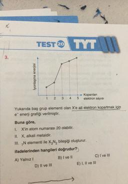x
TEST 20 TYT
IT
3.
İyonlaşma enerjisi
Koparılan
elektron sayısı
1
2
3
4
5
Yukarıda baş grup elementi olan X'e ait elektron kopartmak
için
e enerji grafiği verilmiştir.
Buna göre,
1. X'in atom numarası 20 olabilir.
II. X, alkali metaldir.
III. N elementi ile XN, bileşiği oluşturur.
ifadelerinden hangileri doğrudur?
A) Yalnız!
B) I ve II
C) I've III
D) II ve III
E) I, II ve III