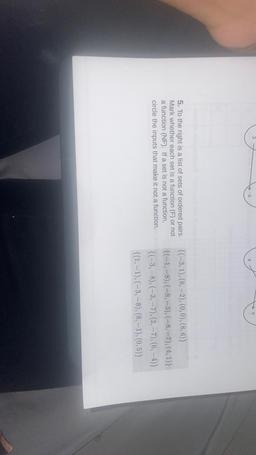 5. To the right is a list of sets of ordered pairs.
Mark whether each set is a function (F) or not
a function (NF). If a set is not a function,
circle the inputs that make it not a function.
{(-3,1), (8,-2), (0,0), (8,6)}
{(-1, -8), (-8, -3), (-8, – 7), (4