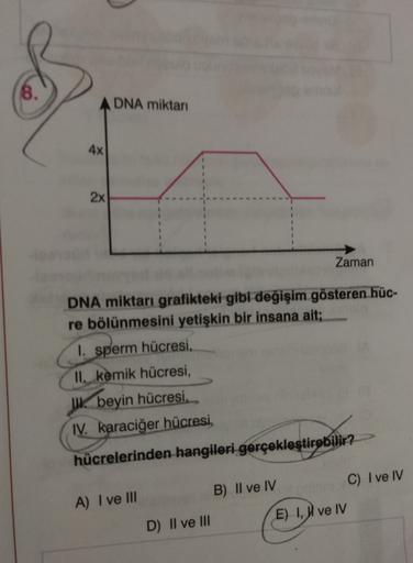 8.
ADNA miktar
4x
2x
Zaman
DNA miktarı grafikteki gibi değişim gösteren hüc-
re bölünmesini yetişkin bir insana ait;
1. sperm hücresi,
II. kemik hücresi,
UK beyin hücresi.
IV. karaciğer hücresi,
hücrelerinden hangileri gerçekleştirebilir?
C) I ve IV
B) Il