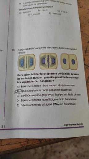 III. 1, aralığı sitokinez olup DNA miktarı ile birlikte kromo-
zom sayısı da yarıya iner.
ifadelerinden hangileri yanlıştır?
B) I ve II
D) I, II ve II
c) il ve in
A) Yalnız 11
E) Yalnız m
28. Aşağıda bitki hücrelerinde sitoplazma bölünmesi göste-
Ss-
rilmi