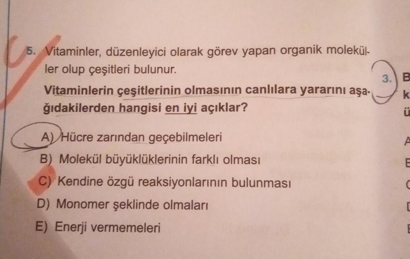 5. Vitaminler, düzenleyici olarak görev yapan organik molekül-
ler olup çeşitleri bulunur.
Vitaminlerin çeşitlerinin olmasının canlılara yararını aşa.
ğıdakilerden hangisi en iyi açıklar?
B
k
ü
A
E
A) Hücre zarından geçebilmeleri
B) Molekül büyüklüklerinin