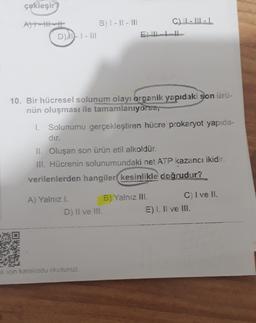 çekleşir
C). LILL
B) I-II - 111
D) D-I-III
10. Bir hücresel solunum olayı organik yapıdaki son ürü-
nün oluşması ile tamamlanıyorsa,
1. Solunumu gerçekleştiren hücre prokaryot yapıda-
dır.
II. Oluşan son ürün etil alkoldür.
III. Hücrenin solunumundaki net ATP kazancı ikidir.
verilenlerden hangiler kesinlikle doğrudur?
A) Yalnız I.
B) Yalnız III.
C) I ve II.
D) Il ve III.
E) 1, Il ve III.
k icin karekodu okutunuz.
