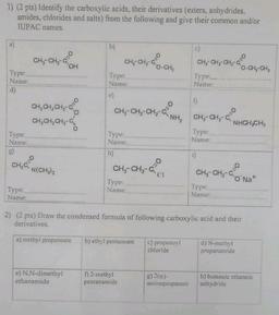 1) (2 pts) Identify the carboxylic acids, their derivatives (esters, anhydrides,
amides, chlorides and salts) from the following and give their common and/or
IUPAC names.
a)
b)
c)
CH3-CH -
C
OH
CH3-CH -
O-CH,
Type:
Name:
-2.0.0,
Type:
Name:
d)
CH3-CH -CH -