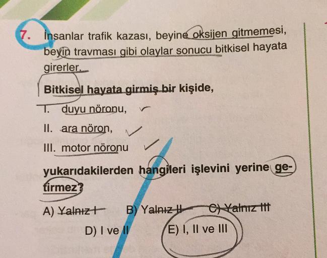 7. İnsanlar trafik kazası, beyine oksijen gitmemesi,
beyin travması gibi olaylar sonucu bitkisel hayata
girerler.
Bitkisel hayata girmiş bir kişide,
T. duyu nöronu,
II. ara nöron,
V
III. motor nöronu
yukarıdakilerden hangileri işlevini yerine ge-
tirmez?
A