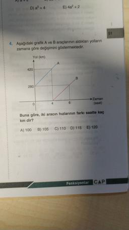 D) a2 + 4
E) 4a? +2
51
4. Aşağıdaki grafik A ve B araçlarının aldıkları yolların
zamana göre değişimini göstermektedir.
Yol (km)
420
280
→ Zaman
(saat)
0
4
6
Buna göre, iki aracın hızlarının farkı saatte kaç
km dir?
A) 100
B) 105
C) 110 D) 115 E) 120
Fonksiyonlar
CAP
