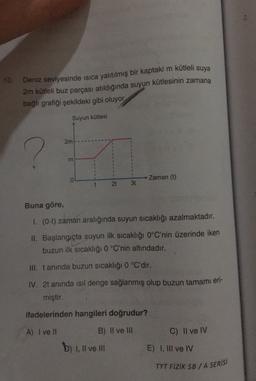 Deniz seviyesinde isica yalıtılmış bir kaptaki m kütleli suya
2m kütleli buz parçası atıldığında suyun kütlesinin zamana
bağlı grafiği şekildeki gibi oluyor.
Suyun kütlesi
2m
m
0
Zaman (t)
t
2t
3t
Buna göre,
1. (0-t) zaman aralığında suyun sıcaklığı azalmaktadır.
II. Başlangıçta suyun ilk sıcaklığı 0°C'nin üzerinde iken
buzun ilk
sıcaklığı 0 °C'nin altındadır.
III. tanında buzun sıcaklığı 0 °C'dir.
IV. 2t anında ısıl denge sağlanmış olup buzun tamamı eri-
miştir.
ifadelerinden hangileri doğrudur?
A) I ve II
C) Il ve IV
B) II ve III
) b) I, II ve III
E) 1, III ve IV
TYT FİZİK SB / A SERİSİ
