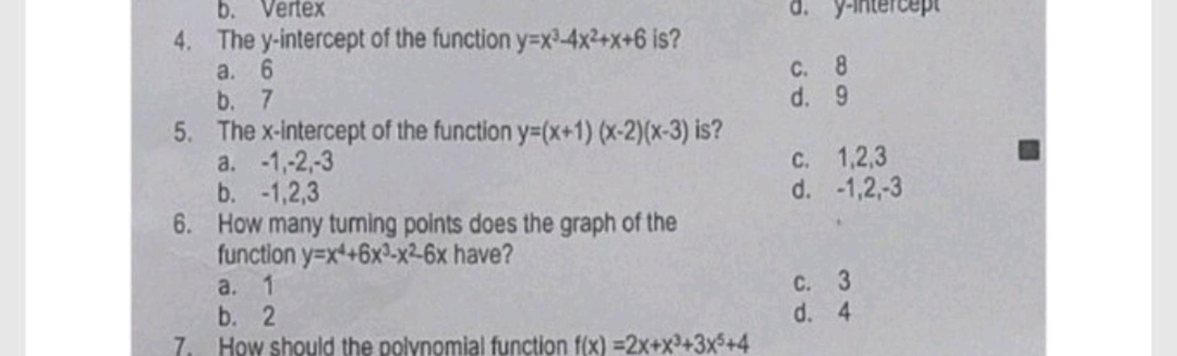 D Yuntercept C 8 D 9 B Vertex 4 The Y Intercept Of Math