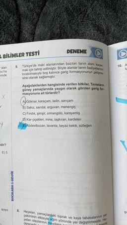 DENEME
L BİLİMLER TESTI
8.
10. A
- alan
bu'na
erinde
Türkiye'de maki alanlarından bazıları tarım alanı kazan-
mak için tahrip edilmiştir. Böyle alanlar tarım faaliyetlerinin
bırakılmasıyla boş kalınca garig formasyonunun gelişme.
sine olanak sağlamıştır.
A