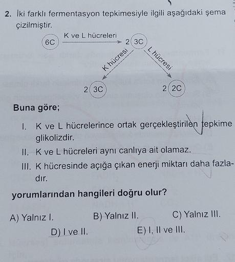 2. Iki farklı fermentasyon tepkimesiyle ilgili aşağıdaki şema
çizilmiştir.
K ve L hücreleri
6C
23C
L hücresi
K hücresi
2 3C
22C
Buna göre;
I. K ve L hücrelerince ortak gerçekleştirilen tepkime
glikolizdir.
II. Kve L hücreleri aynı canlıya ait olamaz.
III.