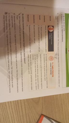 TÜRKÇE
1. Bu testte 20 soru vardir.
2. Cevaplarınızı, cevap kagidina işaretleyiniz.
1
Agagidaki tabloda bazı sözcüklerin TDK Türkçe Sözlük ve Sağlık Bakanligi COVID-19 Sozluğu'ndeki anlamlan veril
miptir
T.C. Sağlık Bakanlığı
COVID-19 Sözlüğü
Tork Dil Kuru