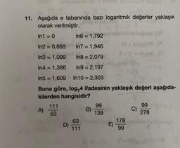 11. Aşağıda e tabanında bazı logaritmik değerler yaklaşık
olarak verilmiştir.
In1 = 0
In6 = 1,792
In2 = 0,693 In7 = 1,946
In3 = 1,099
In8 = 2,079
In4 = 1,386
In9 = 2,197
In5 = 1,609
In 10 = 2,303
Buna göre, log,4 ifadesinin yaklaşık değeri aşağıda-
kilerden hangisidir?
A)
111
63
99
B)
139
99
) C)
278
D)
63
111
E)
178
99
