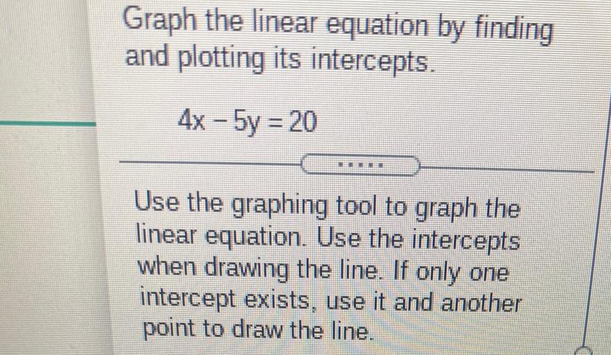 Graph the linear equation by finding and plotting its i... Math