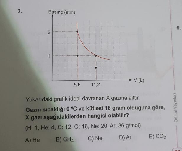 3.
Basınç (atm)
6.
N
- V (L)
5,6
11,2
Yukarıdaki grafik ideal davranan X gazına aittir.
Gazın sıcaklığı 0 °C ve kütlesi 18 gram olduğuna göre,
X gazı aşağıdakilerden hangisi olabilir?
(H: 1, He: 4, C: 12, O: 16, Ne: 20, Ar: 36 g/mol)
Orbital Yayinlari
A) H